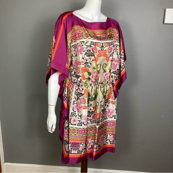 Josie Natori Kaftan dress tunic L / XL silk pattern luxury butterfly pink Asian - Picture 6 of 12